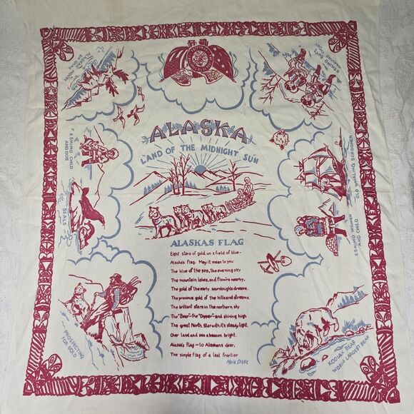 Alaska Eskimo Screen Print Souvenir Table Cover Vintage Marie Drake 1950s Linen - Picture 2 of 13